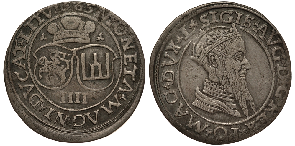Польша 4 гроша (чворак) 1565 Сигизмунд II Август (1544-1572), вес 3,73 гр. серебро 1516-1411
