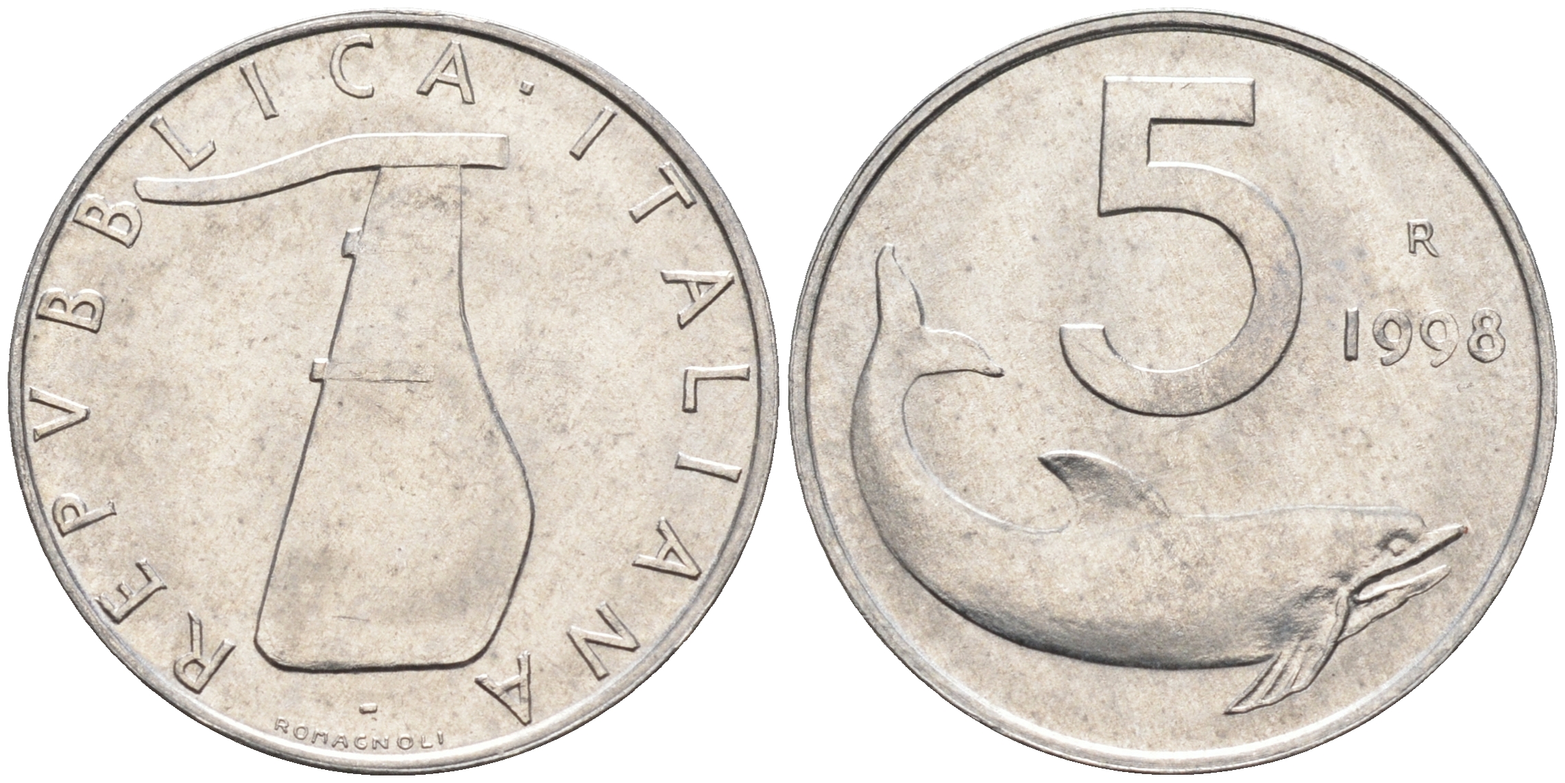 Италия 5 лир 1998 R, дельфин KM 92 алюминий  UNC  4594-1022