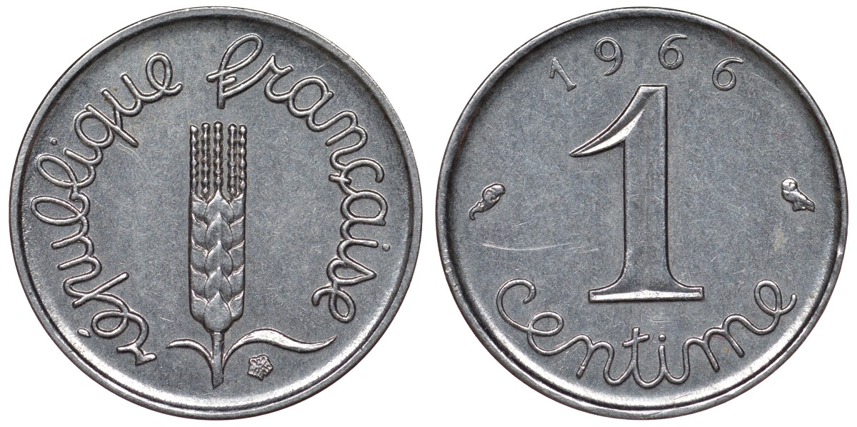 Франция 1 сантим 1966 пятая республика KM 928, Le Franc 106.12 нержавеющая сталь 4124-369
