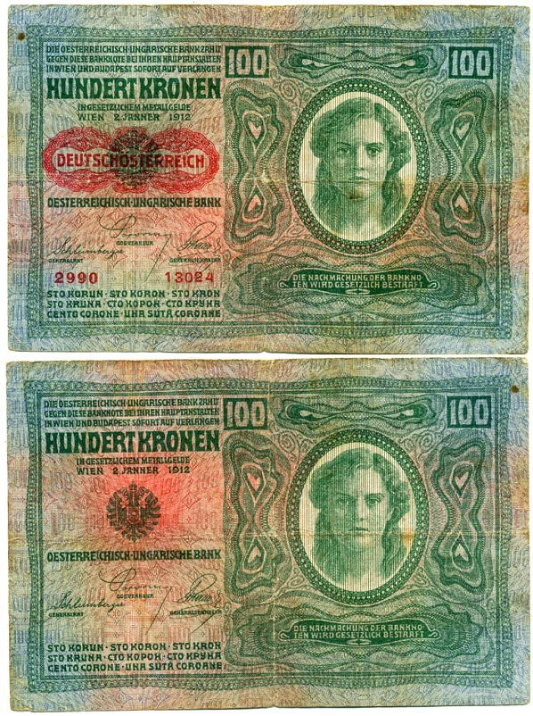 Австрия 100 крон 1912 (1919) красная надпечатка на Pick 12, на аверсе Pick 56 a бумага 3295-19-2
