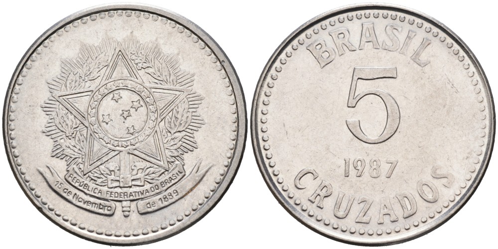 Бразилия 5 крузадо 1987 реформа (1986-1989) KM 606 нержавеющая сталь 4178-554