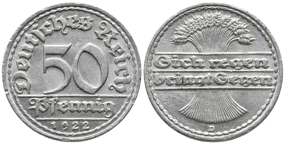 ГЕРМАНИЯ 50 ПФЕННИГОВ 1922 D KM 27, J. 301 алюминий 24-1115