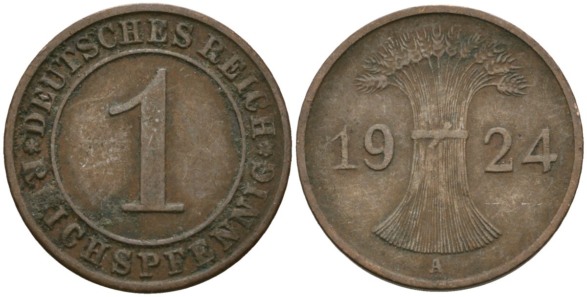 Германия 1 рейхспфенниг 1924 A KM 37, J. 313 бронза 4189-1054