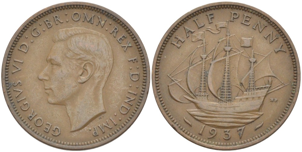 Великобритания 1/2 пенни 1937 Георг VI (1936-1952) KM 844, Spink 4115 бронза 4514-1242