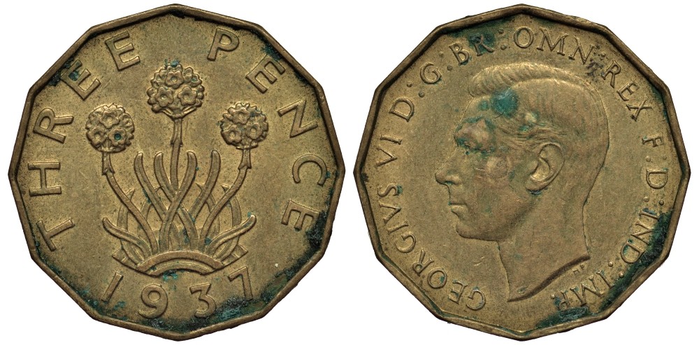 Великобритания 3 пенса 1937 Георг VI (1936-1952) KM 849, Spink 4112 никель латунь 4538-1111