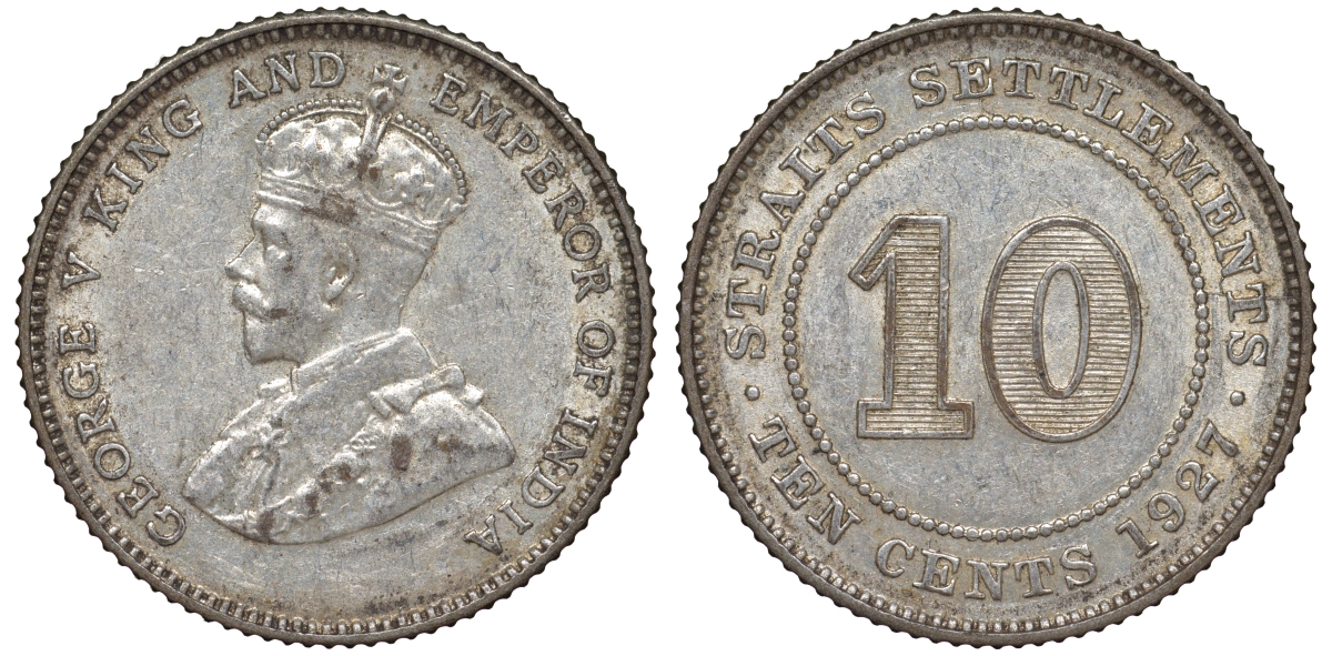 Стрейтс-Сетлментс 10 центов 1927 Георг V (1910-1936) КМ 29b серебро 53-727