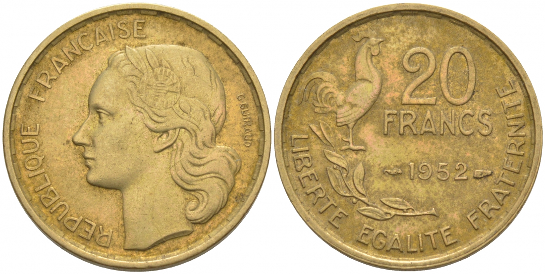 ФРАНЦИЯ 20 ФРАНКОВ 1952 KM 917.1 алюминиевая бронза 186-411