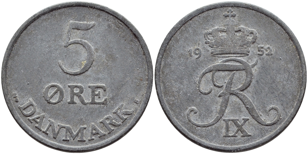 ДАНИЯ 5 ЭРЕ 1952 N; S, ФРЕДЕРИК IX (1947-1972) KM 843.1 цинк 47-641