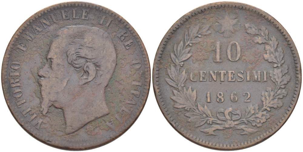 ИТАЛИЯ 10 ЧЕНТЕЗИМО 1862 МОНДВОР ПАРИЖ, ВИКТОР ЭММАНУИЛ II (1861-1878) KM 11.2 медь 4526-655