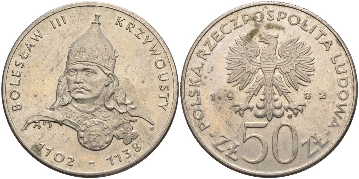 Польша 50 злотых 1982 MW, серия польские правители, Болеслав III Кривоустый (1102-1138) KM 133, ParchImowicz 264 медно-никель 4162-816