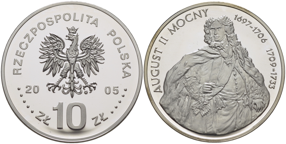 Польша 10 злотых 2005 MW, серия короли польши, Август II Сильный (1697-1706) (1709-1733) KM 461 серебро PROOF 1074-8-55