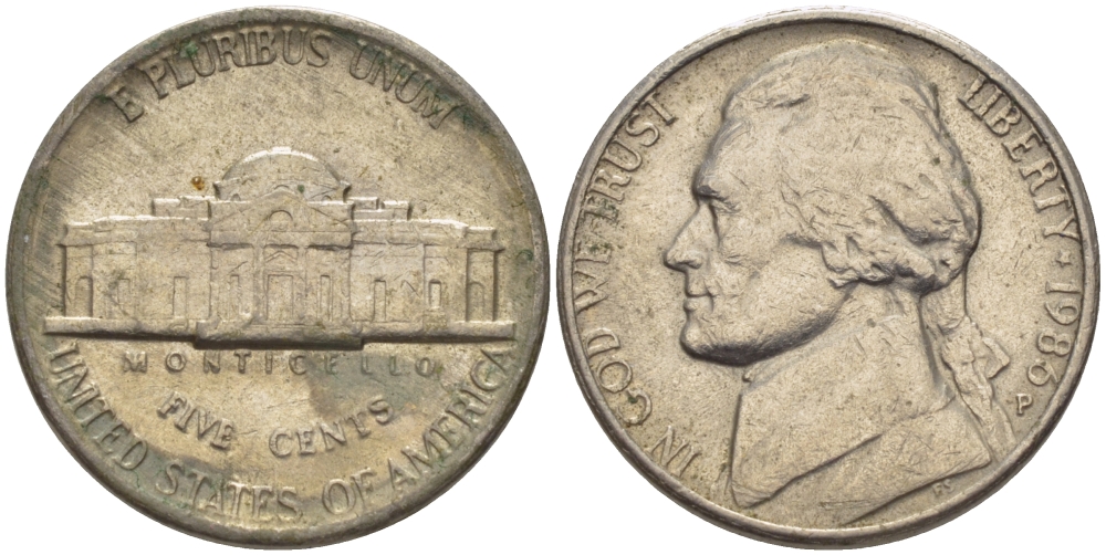 США 5 ЦЕНТОВ 1986 Р, ДЖЕФФЕРСОН KM А192 медно-никель 31-651