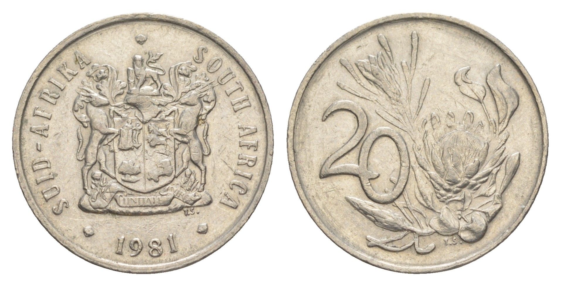 ЮАР 20 центов 1981 герб, цветок протея KM 86 никель 4601-545