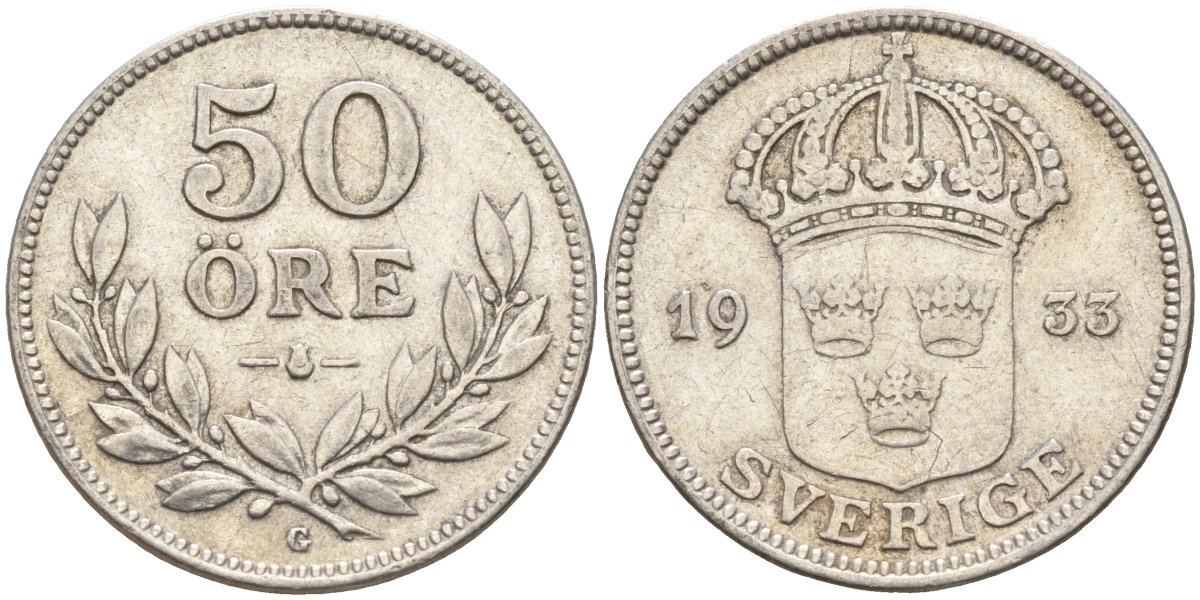 Швеция 50 эре 1933 G, Густав V (1907-1950) KM 788 серебро 4148-841