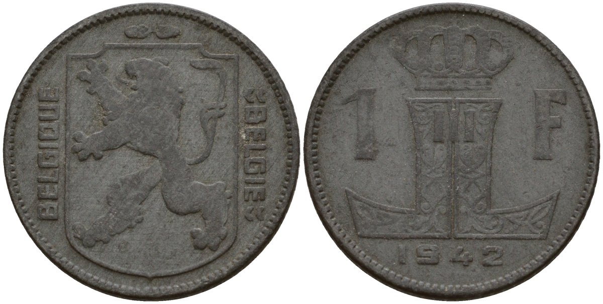 Бельгия 1 франк 1942 Belgique - Belgie, Леопольд III (1934-1947), германская оккупация, Вторая мировая война KM 127 цинк 4161-423