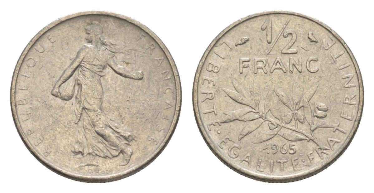 Франция 1/2 франка 1965 сеятель KM 931.1, Le Franc 198.3 никель 4630-417