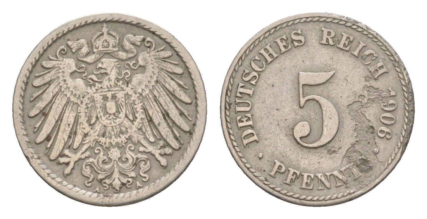 Германия 5 пфеннигов 1906 A, Вильгельм II (1888-1918) KM 11, J. 12 медно-никель 4647-863