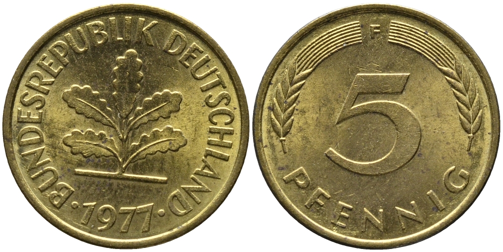 ФРГ 5 пфеннигов 1977 F KM 107, J.382 сталь плакированная латунью 99-113