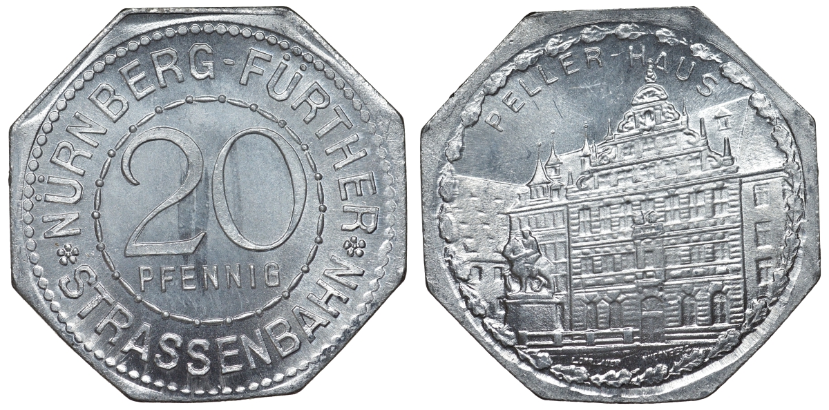 Германия, Нюрнберг - Фюрт 20 пфеннигов ND трамвайный жетон, Пеллер-хаус алюминий UNC 4119-627
