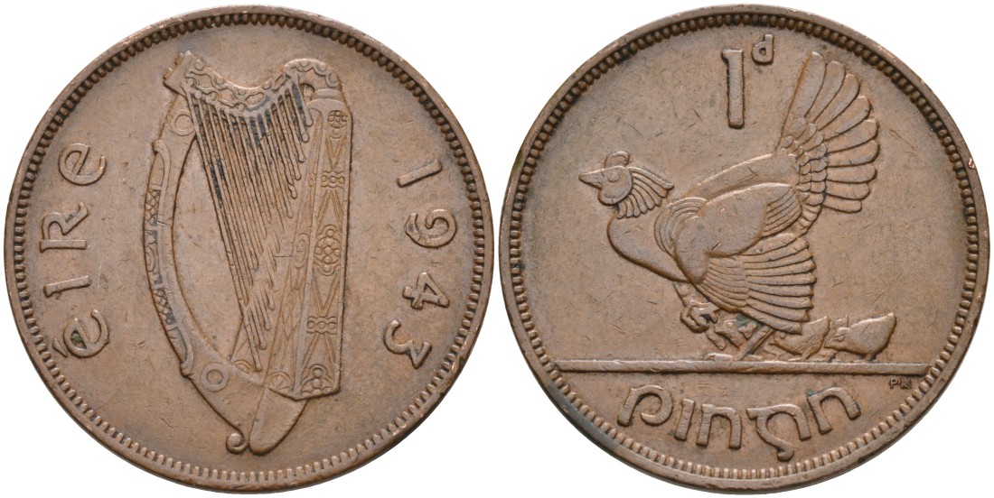 Ирландия 1 пенни 1943 курица с цыплятами KM 11 бронза 88-831