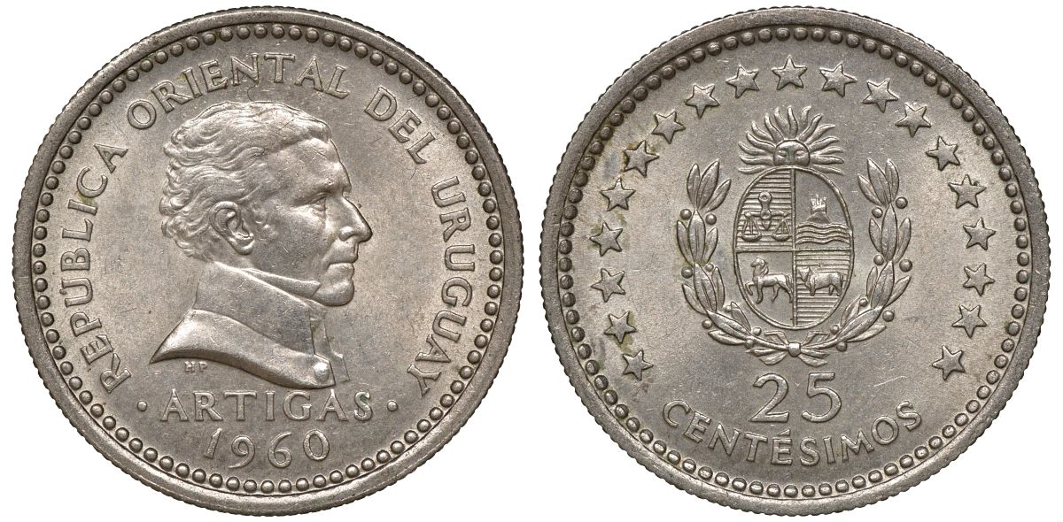 Уругвай 25 сентесимо 1960 KM 40 медно-никель 4169-947