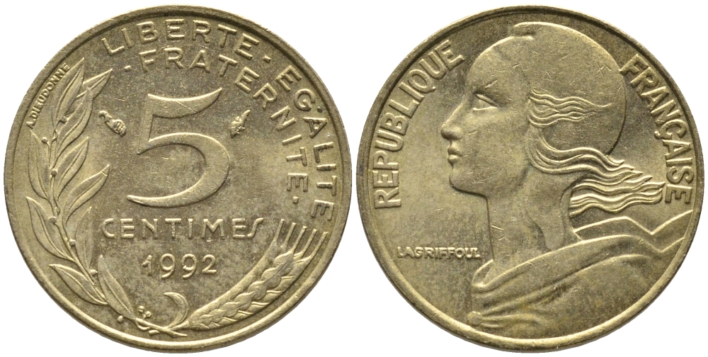 ФРАНЦИЯ 5 САНТИМОВ 1992 ТИП MARIANNE KM 933 медь алюминий никель 99-1126