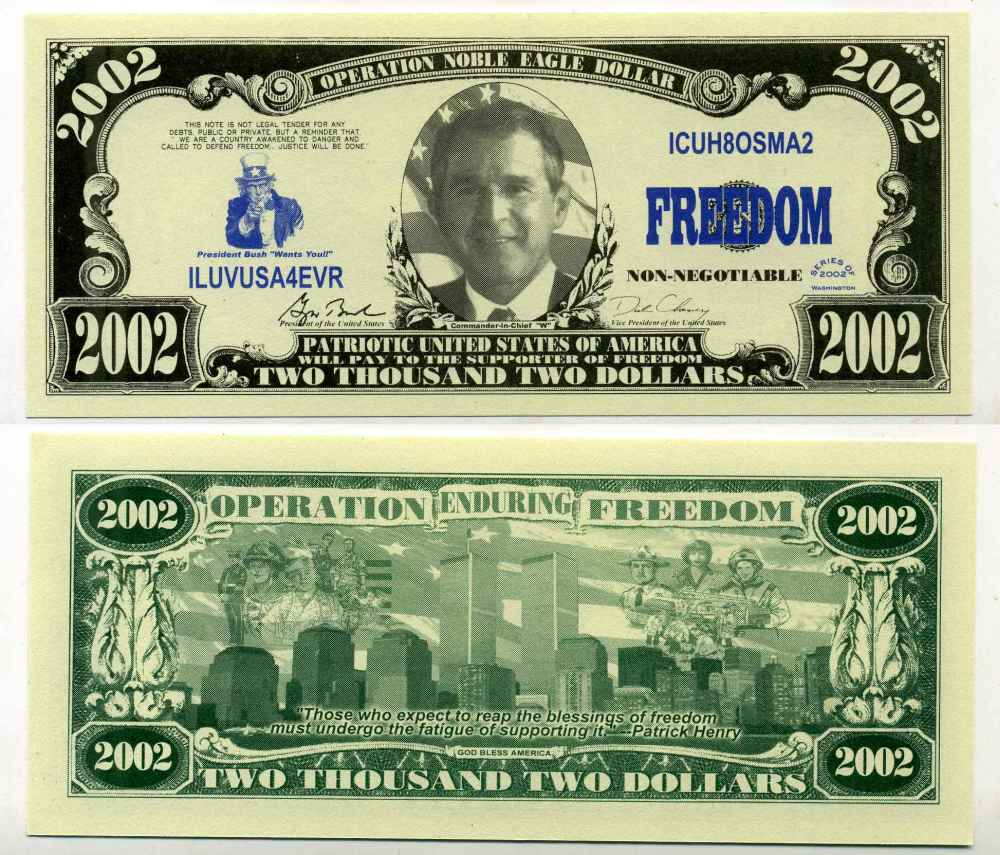 США 2002 ДОЛЛАРА 2002 СУВЕНИРНАЯ БАНКНОТА, ОПЕРАЦИЯ НЕСОКРУШИМАЯ СВОБОДА бумага UNC (ПРЕСС) 8588-69-4-1