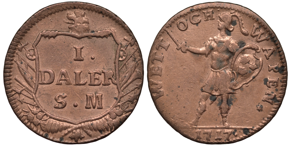 ШВЕЦИЯ 1 ДАЛЕР 1717 S.M., ЧРЕЗВЫЧАЙНЫЙ ВЫПУСК, REASSON AND ARMS KM 355 медь 00-00-00
