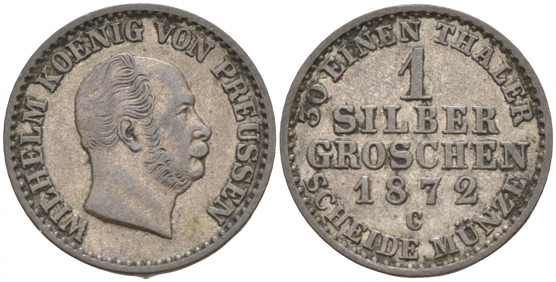 Пруссия 1 СЕРЕБРЯННЫЙ ГРОШ 1872 C, ВИЛЬГЕЛЬМ KM 485 серебро 44-954