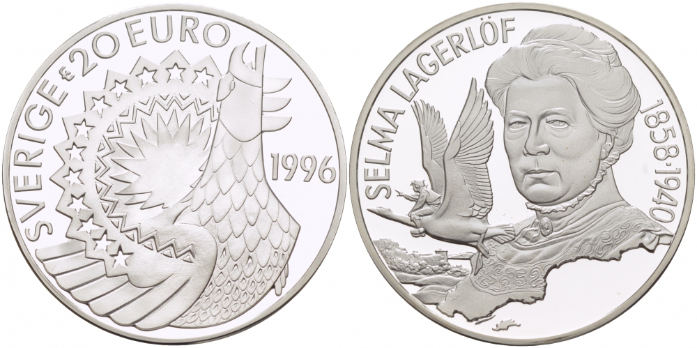 Швеция 20 евро 1996 Карл XVI Густав (1973- ), шведская писательница Сельма Лагерлеф (1858-1940) серебро PROOF 1087-1-75