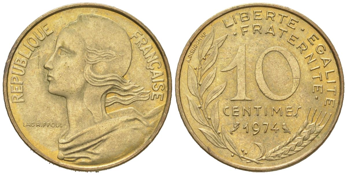 Франция 10 сантимов 1974 KM 929 алюминиевая бронза aUNC 261-522