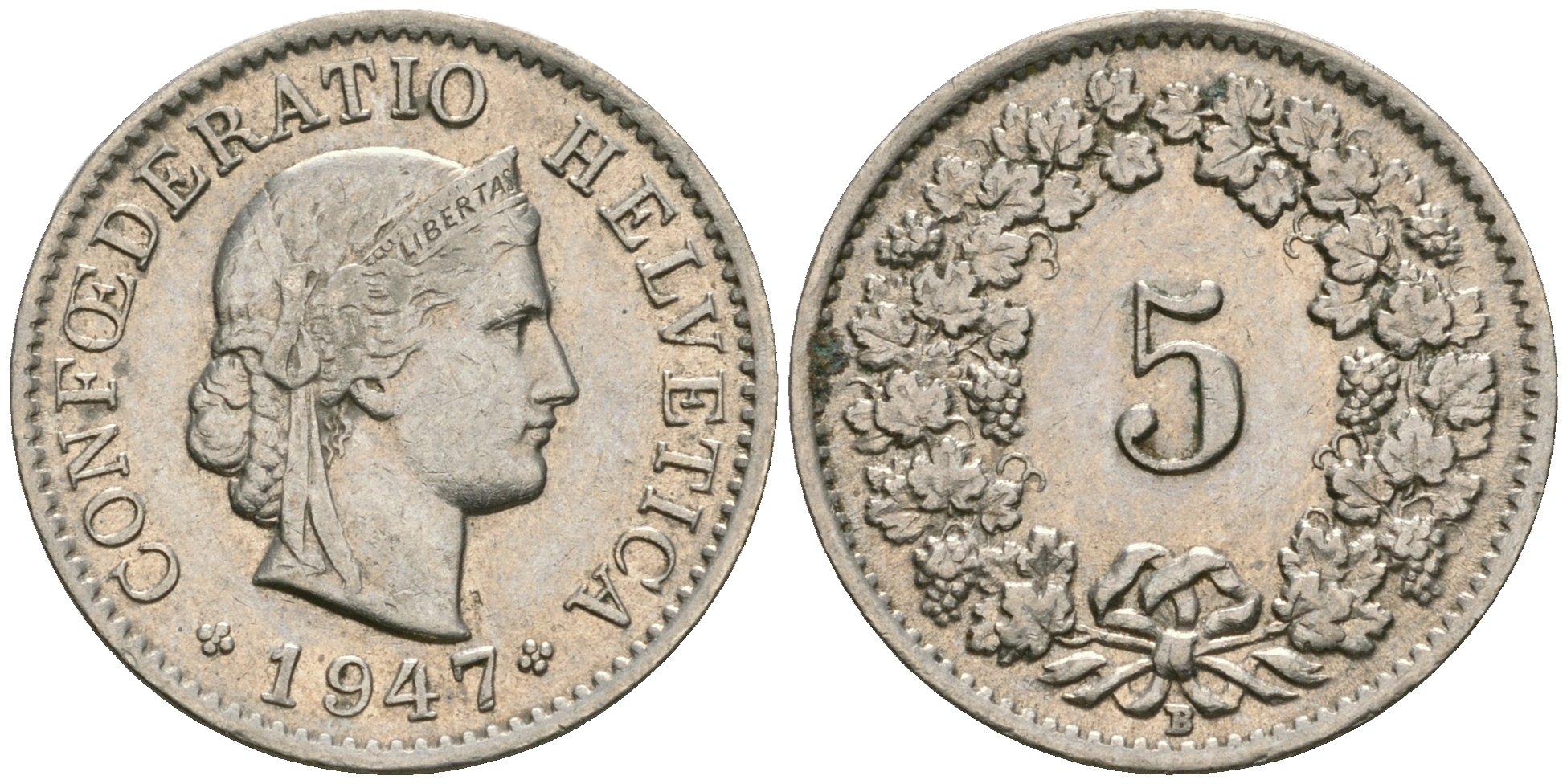 Швейцария 5 раппенов 1947 KM 26 медно-никель UNC 4608-1042