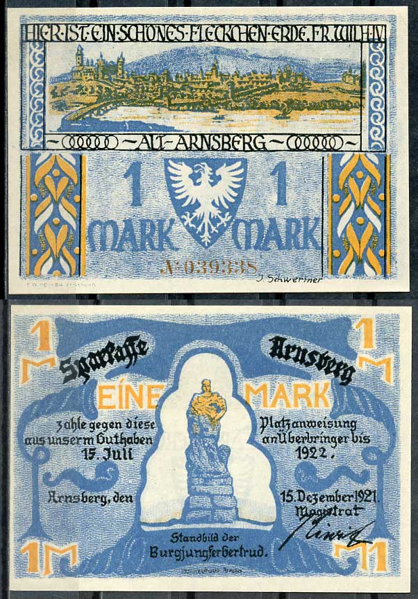 Германия, Арнсберг 1 марка 1921 нотгельд, 15.7.1922 Li. 41a, M. 42.1 бумага UNC (пресс) 00-00