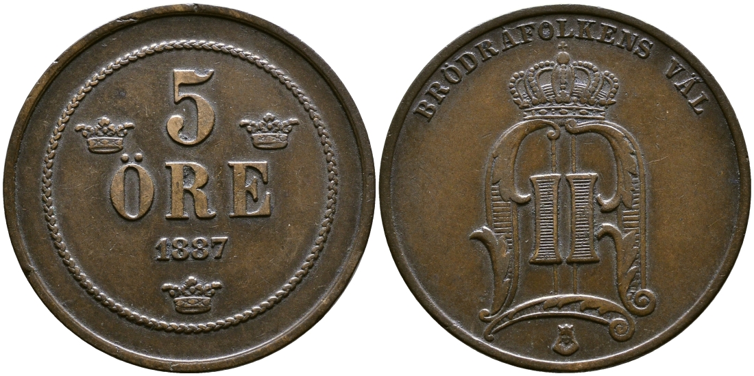 Швеция 5 эре 1887 Оскар II (1872-1907) король Швеции и Норвегии KM 736 бронза 53-417