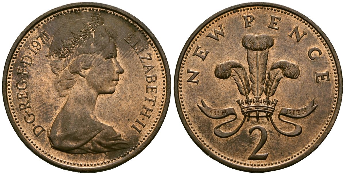 Великобритания 2 пенса 1971 Елизавета II (1952-2022) KM 916, Spink 4235 (C1) бронза 4384-647