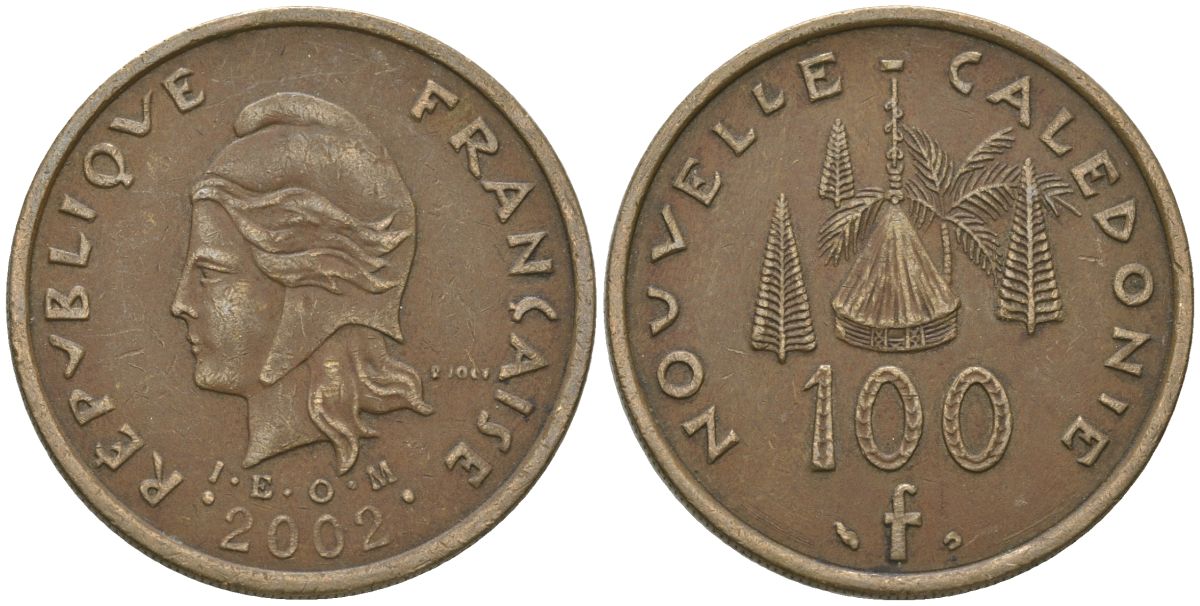 Французская Новая Каледония 100 франков 2002 хижина среди сосен и пальм, (IEOM) KM 15, Schoen 16, Lec 139f никель бронза 109-624