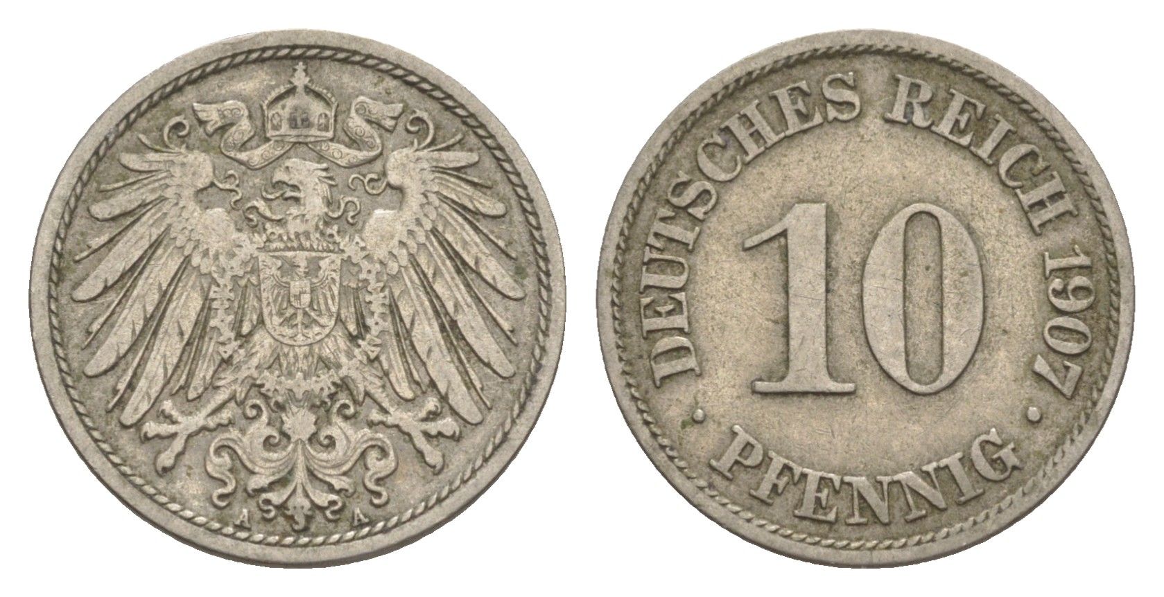 Германия 10 пфеннигов 1907 A, Вильгельм II (1888-1918) KM 12, J. 13 медно-никель 4644-1163