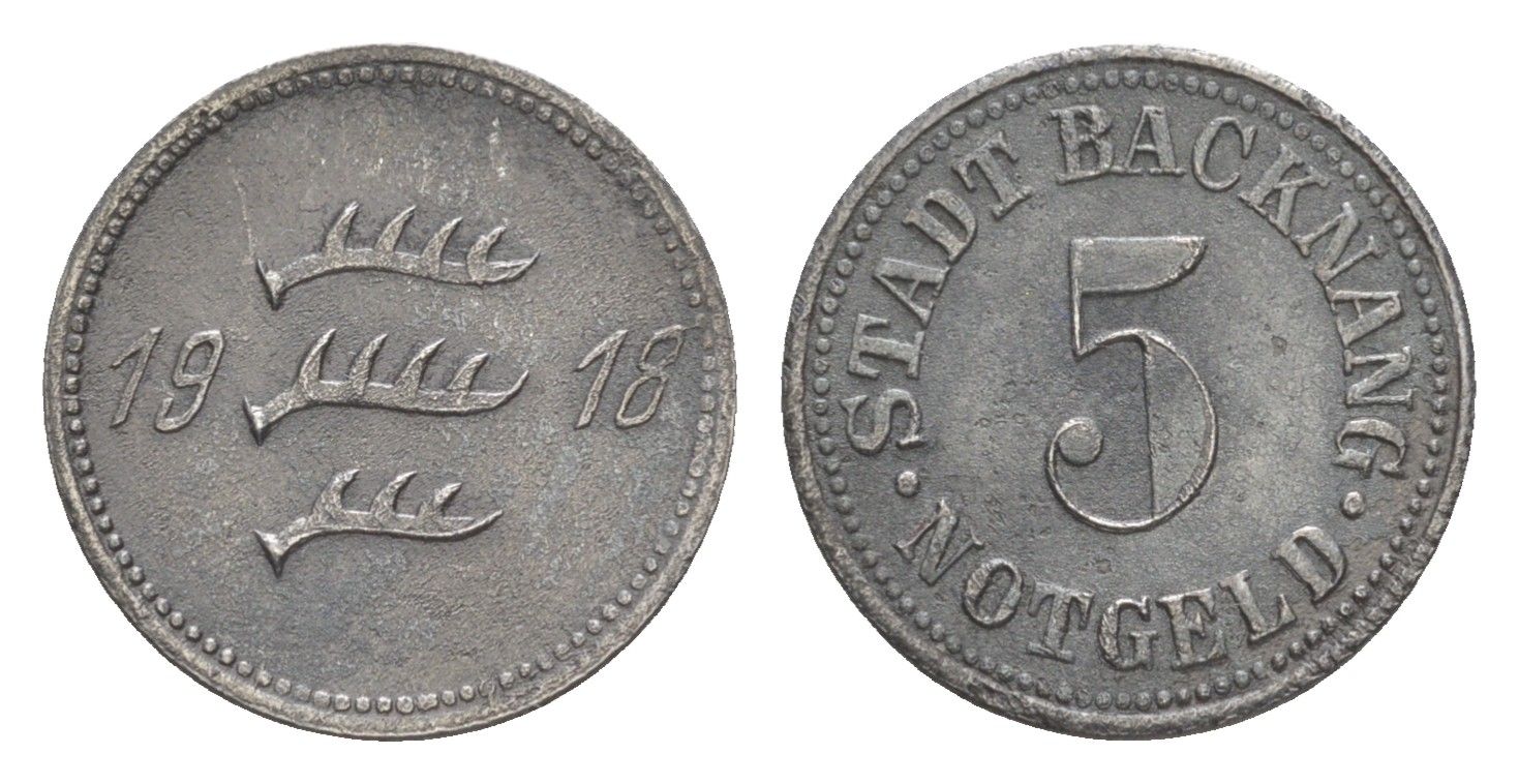 Бакнанг 5 пфеннигов 1918 большая пятерка Funck 25.3, Men05 1171.3, Men18 1511.3 железо 4639-165