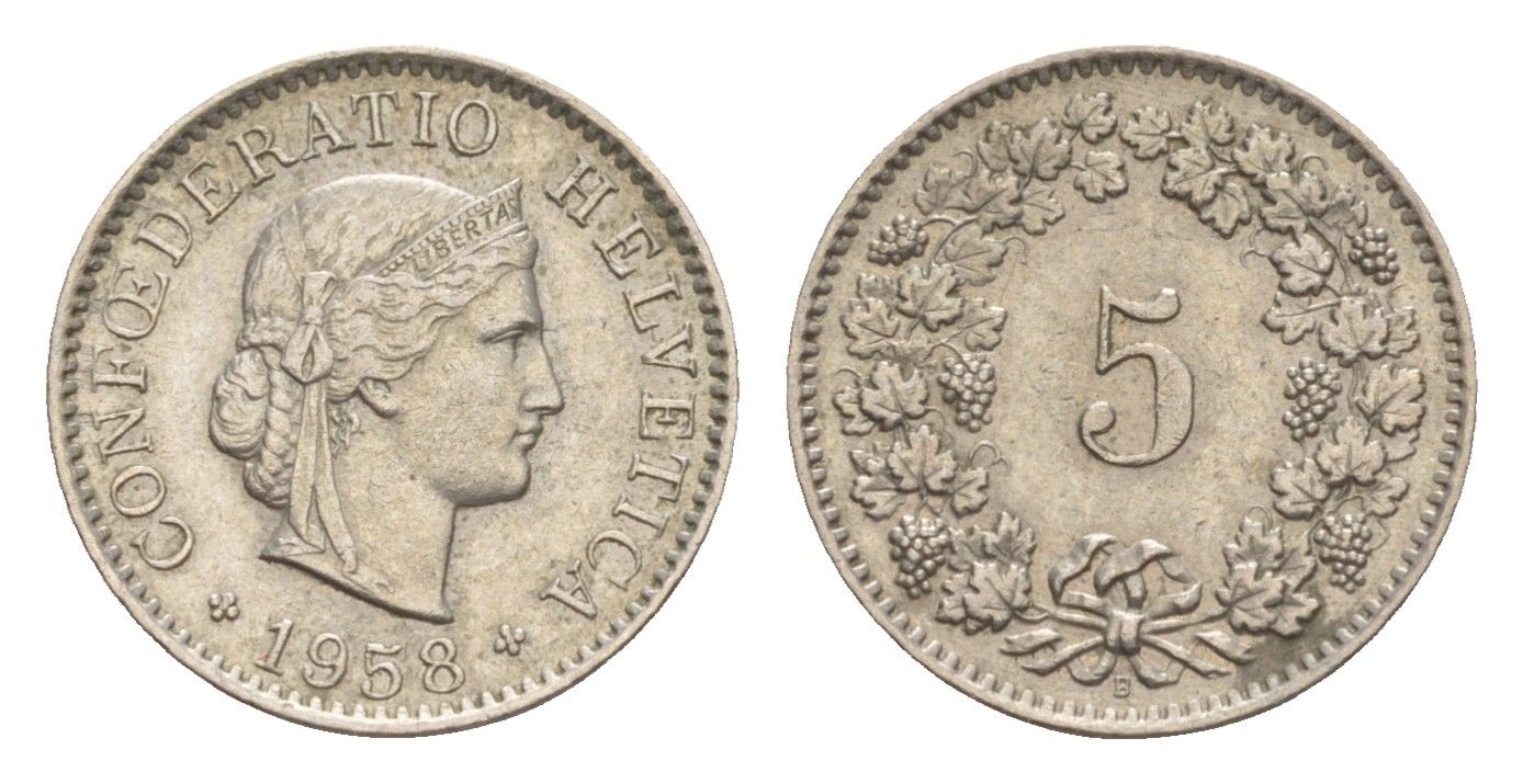 Швейцария 5 раппенов 1958 B KM 26 медно-никель 4643-333