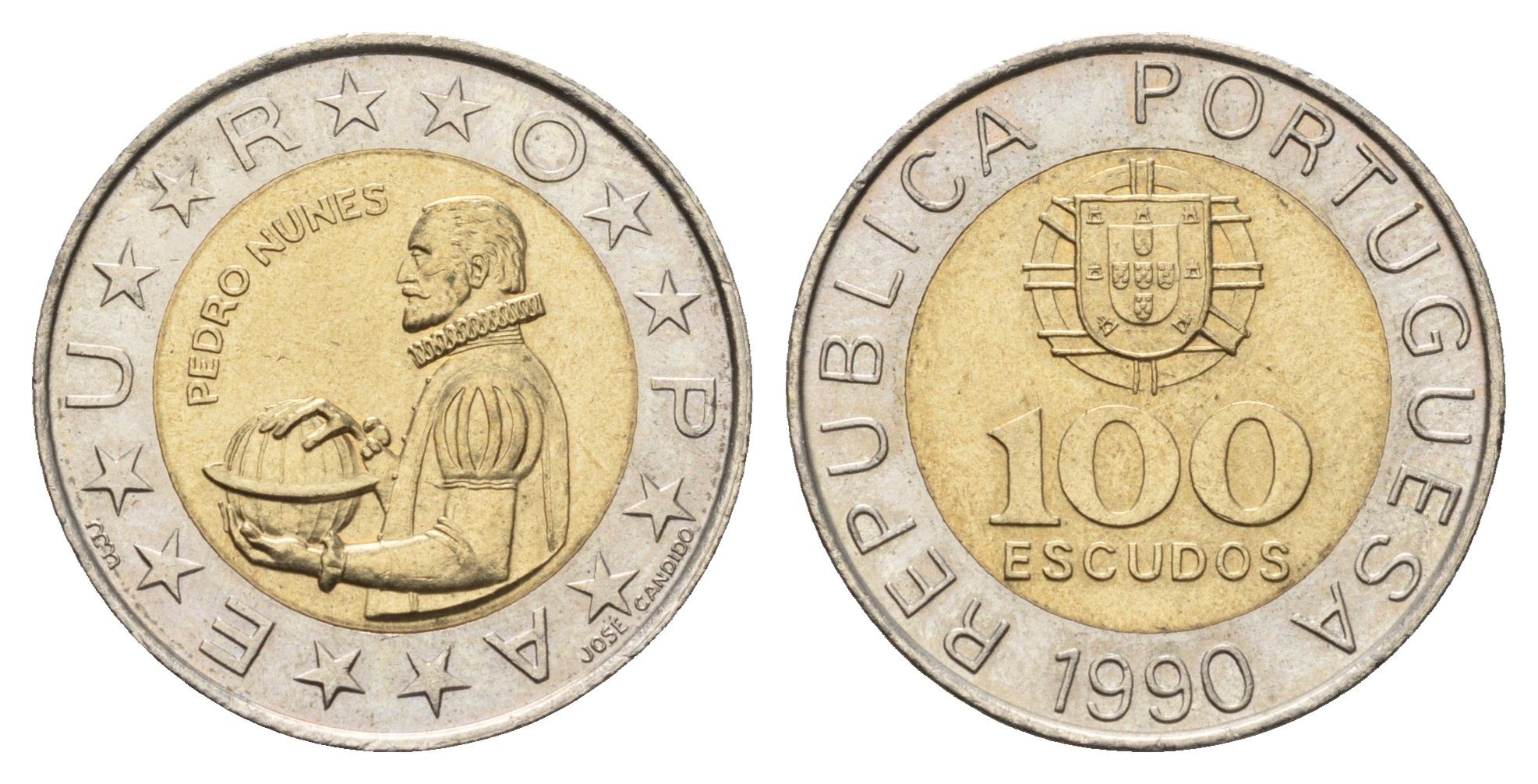 Португалия 100 эскудо 1990 Педру Нуниш (1502-1578), математик KM 645.1 биметалл UNC 4700-1123