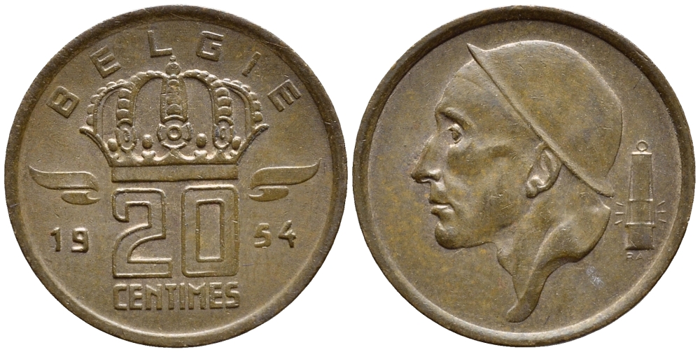БЕЛЬГИЯ 20 САНТИМОВ 1954 BELGIE KM 147.1 бронза 4383-1152