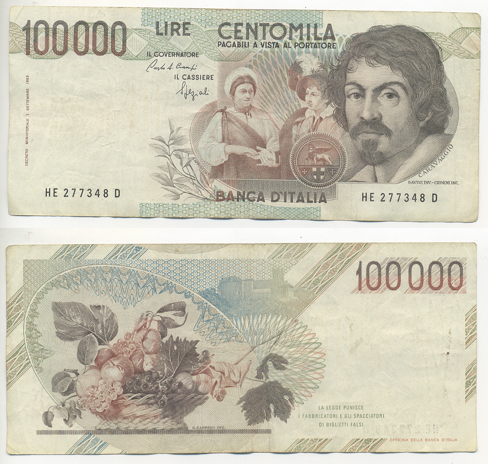 Италия 100000 лир 1983 Караваджо, фруктовый букет, подпись Speziali Pick 110b бумага 7220-15-2