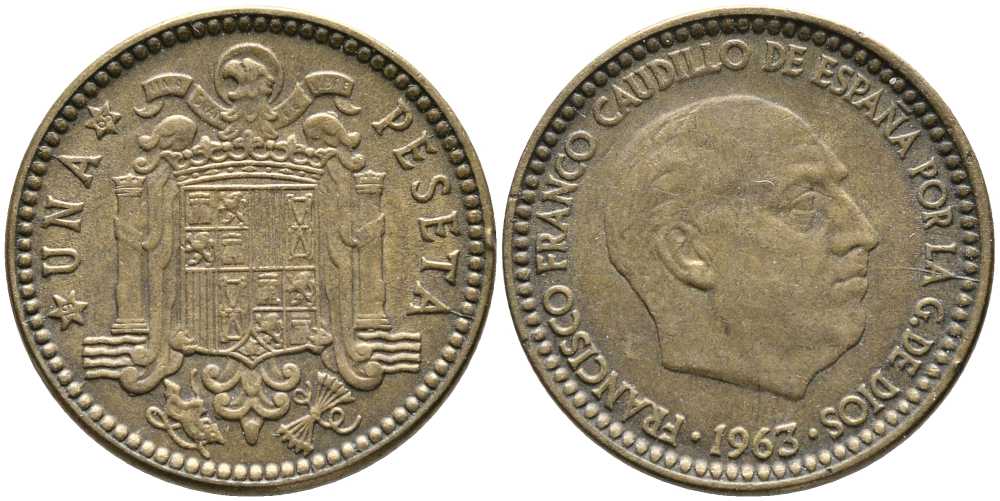 ИСПАНИЯ 1 ПЕСЕТА 1963 (65) ФРАНСИСКО ФРАНКО ДИКТАТОР ИСПАНИИ (1939-1975) KM 775 алюминиевая бронза 110-1142