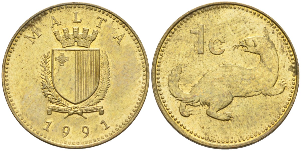 Мальта 1 цент 1991 ласка, горностай KM 93 никель латунь 4585-1219