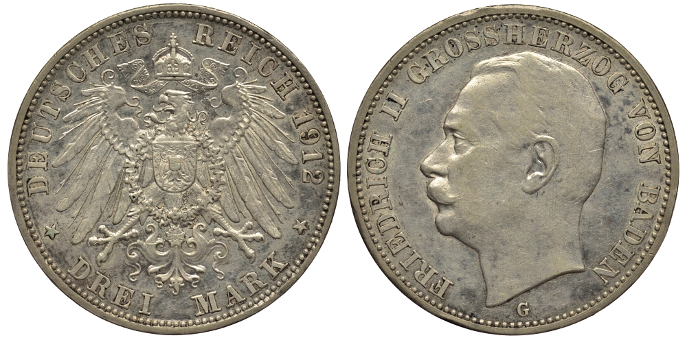Баден 3 марки 1912 Фридрих II (1907-1918) J. 39, KM 280 серебро 413-3811