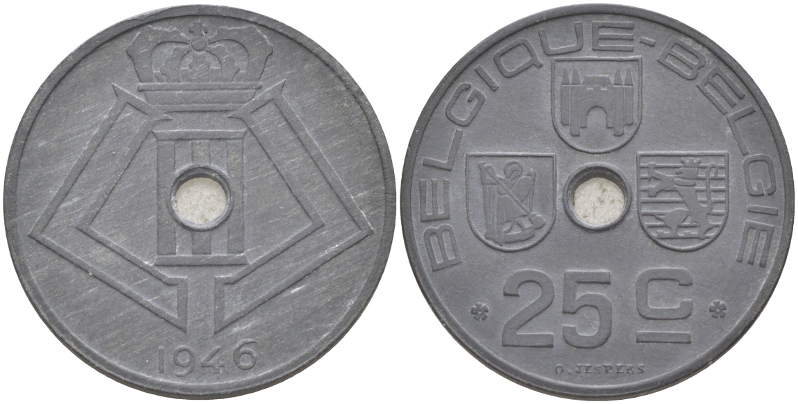 БЕЛЬГИЯ 25 САНТИМОВ 1946 BELGIQUE-BELGIE, ГЕРМАНСКАЯ ОККУПАЦИЯ, ВТОРАЯ МИРОВАЯ ВОЙНА KM 131 цинк 69-232