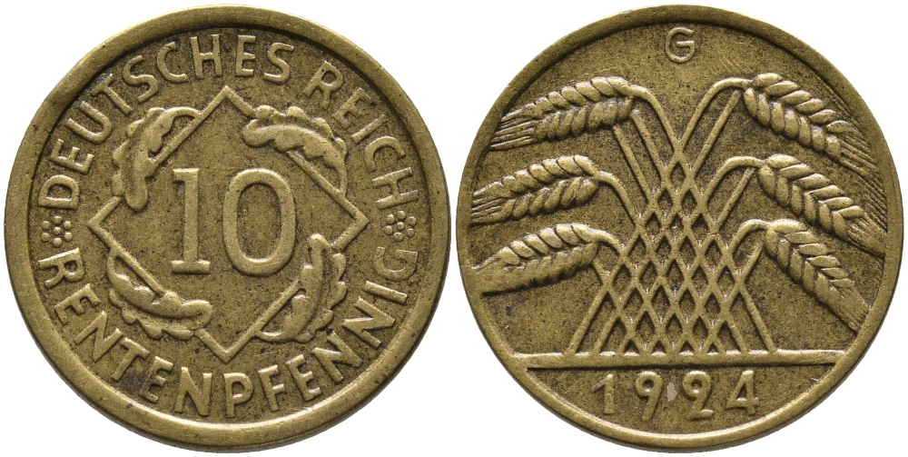 Германия 10 рентенпфеннигов 1924 G KM 33, J.309 алюминиевая бронза 96-634