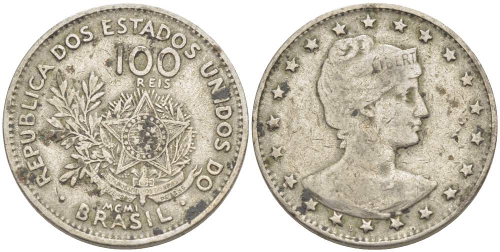 БРАЗИЛИЯ 100 РЕЙС 1901 ГОЛОВА СВОБОДЫ ВПРАВО, РИМСКАЯ НУМЕРАЦИЯ ДАТЫ KM 503 медно-никель 4529-541