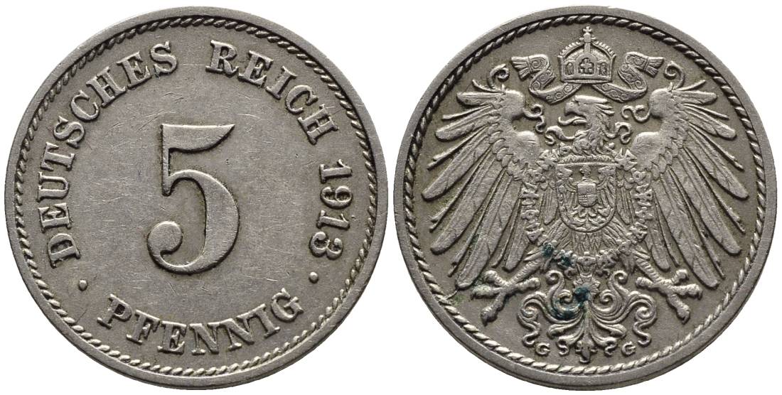 ГЕРМАНИЯ 5 ПФЕННИГОВ 1913 G KM 11, Jager 12, Weege 6 медно-никель 4547-538