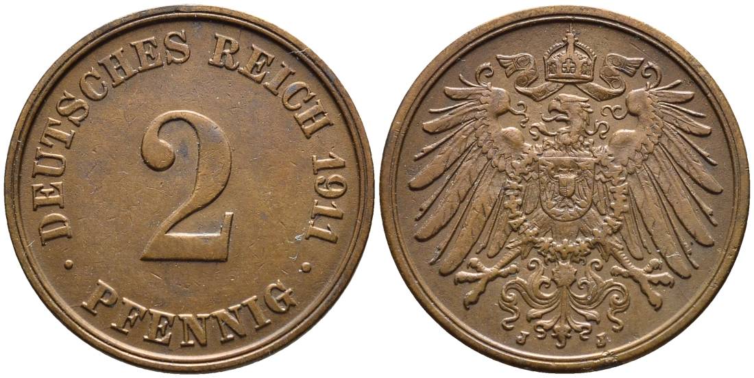ГЕРМАНИЯ 2 ПФЕННИГА 1911 J KM 16, Jager 11, Weege 4 медь 4546-716